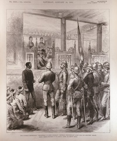 Obłożenie króla Theebawa w Birmie (1858-1916): Generał Prendergast daje mu dziesięć minut łaski, z The Illustrated London News, 30 stycznia 1886 autorstwa English School